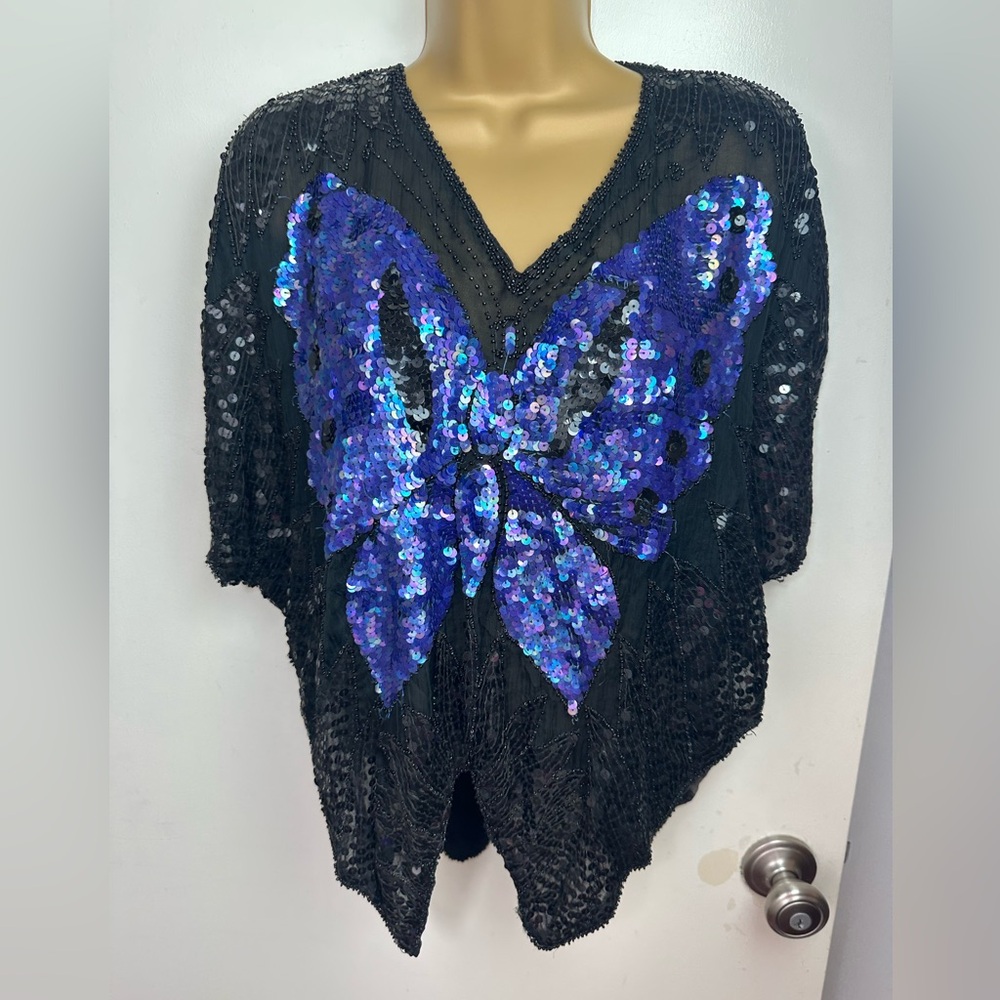 Vintage Sparkly Black Purple Whimsical Butterfly Print Asymmetrical Blouse L/XL?